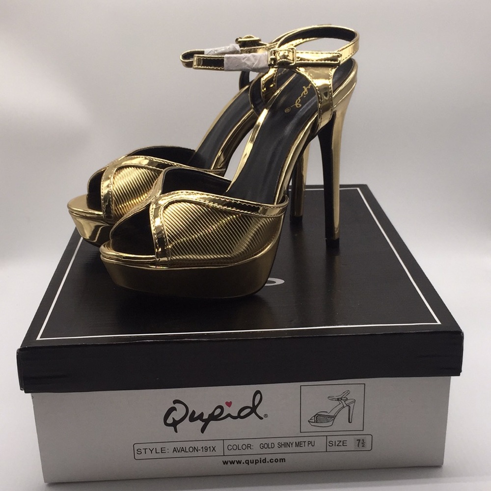 Qupid Ladies Platform Heels Pumps 5” Gold Shiny Metallic Open Toe Size 7.5
